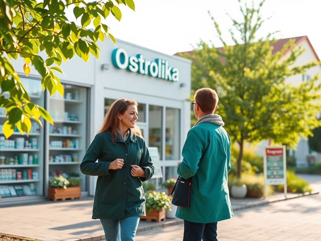 Ilustracja symbolizująca Ostrołękę z grafiką przedstawiającą wykres spadkowy demografii i symbol wirusa grypy.